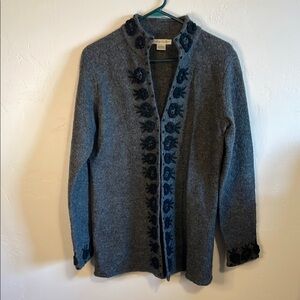 Cambridge Dry Goods Gray Cardigan with Black Floral Details